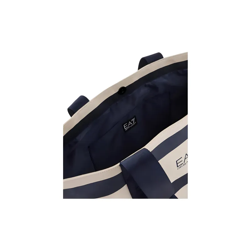 EMPORIO ARMANI Cotton Tote Bag, Shopping Bag, Handbag Large Size Women's Navy Blue & Beige-4