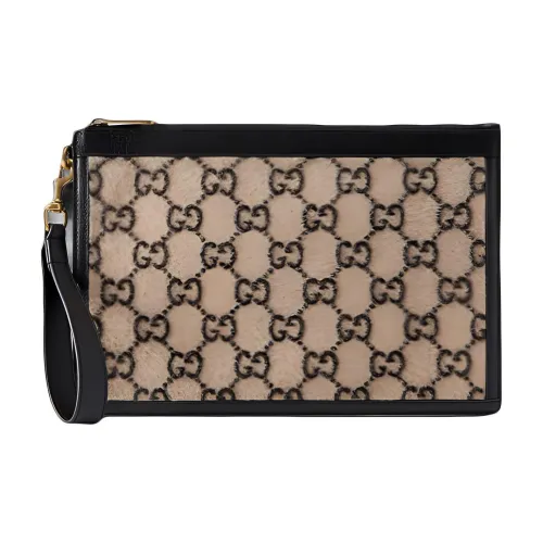 GUCCI Wool Patchwork Leather Clutch Regular Unisex Beige/Black