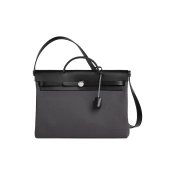 HERMES Herbag Messenger Canvas With Hunter Cow Leather Canvas Bag, Handbag Men's Slate Gray & Black