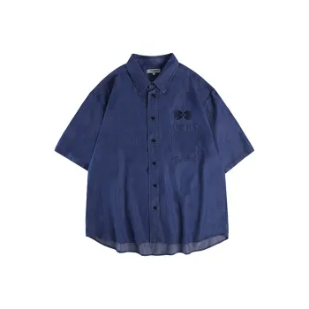 YOSHIYOYI Solid Color Heavy Washed Shirt Shirt Summer Unisex Blue