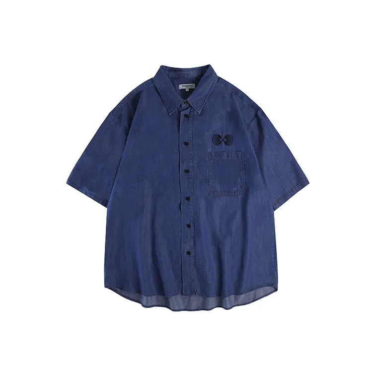 YOSHIYOYI Solid Color Heavy Washed Shirt Shirt Summer Unisex Blue-0