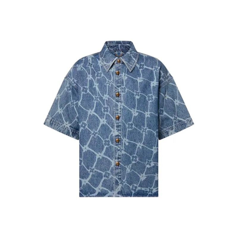 LOUIS VUITTON Monogram Printed Short Sleeved Denim Shirt-0