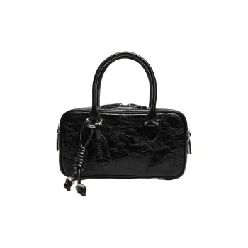Staccato Cow Leather Small Square Bag, One Shoulder Handbag Medium Size Women's Black