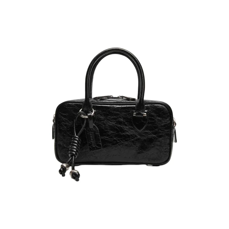 Staccato Cow Leather Small Square Bag, One Shoulder Handbag Medium Size Women's Black-0