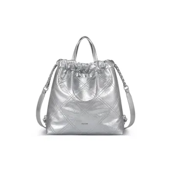JUST STAR Waxed Leather Portable One Shoulder Crossbody Backpack Medium Size Women's Silver/White/Black