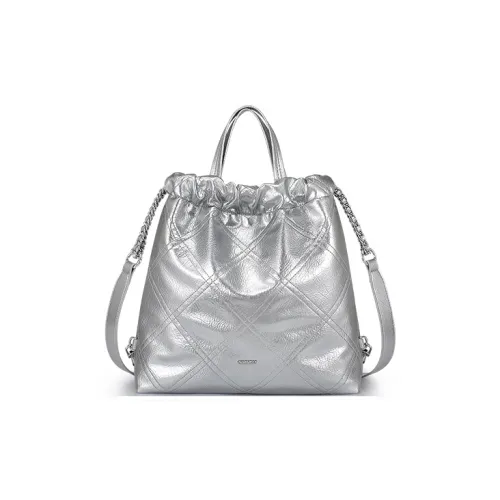 JUST STAR Waxed Leather Portable One Shoulder Crossbody Backpack Medium Size Women's Silver/White/Black