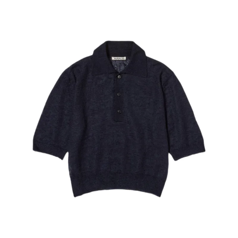 Auralee Kid Mohair Sheer Knit Polo 'Navy'-0