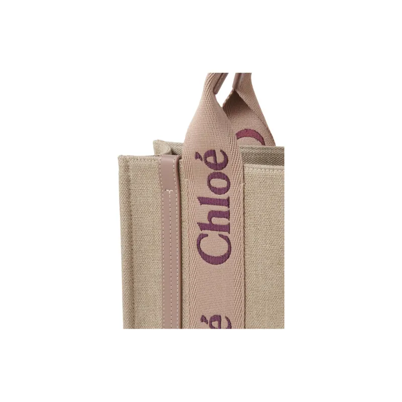Chloe Woody Linen One Shoulder Handbag Small Size Women's Tan & Rose-4