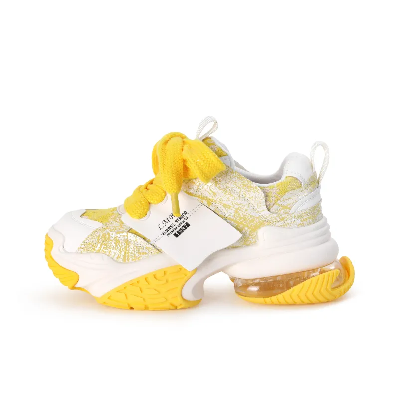FAICCIA Embossed Air Cushion Shoe Low Top Chunky Sneakers Women's Yellow-0