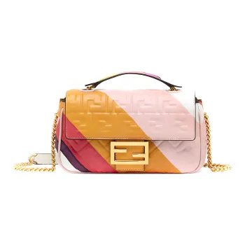 FENDI Baguette Nappa Lambskin Crossbody Handbag, Shoulder Bag Medium Size Women's Brown/Light Pink/Multicolor