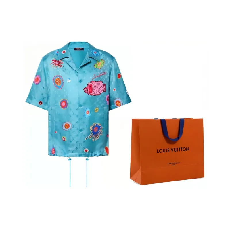 LOUIS VUITTON Pre Owned X Yayoi Kusama 2010 Monogram Face Shirt Short Sleeve Silk Turquoise Blue Multicolor 23AW-5