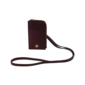 TORY BURCH Emerson Cross-Stitch Leather Lanyard ID Card Holder Small Size Women's Ox Blood Color