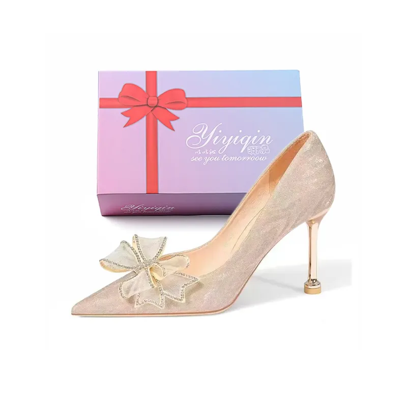 Take The Qin Slim Heel High Heels Women's Champagne Gold Gift Box Set-8