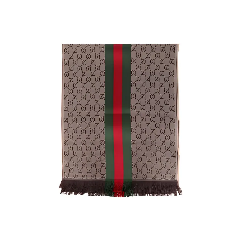 GUCCI Wool Silk Blend Knit Scarves Unisex Light Brown-1