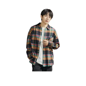 Tonlion Shirt Men's Yellow And Black Plaid