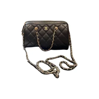 CHANEL Litchi Grain Cow Leather One Shoulder Handbags Small Size Women's Black