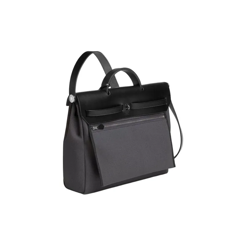 HERMES Herbag Messenger Canvas With Hunter Cow Leather Canvas Bag, Handbag Men's Slate Gray & Black-2