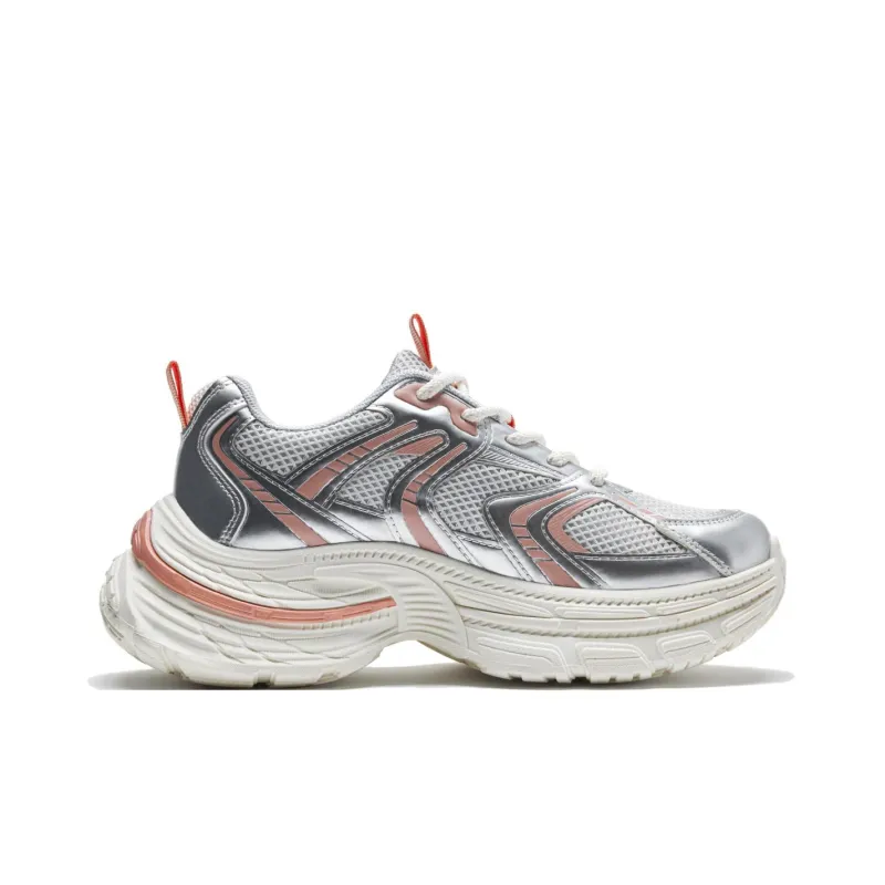 Warrior Anti Slip And Wear Resistant Height Increasing Low Top Chunky Sneakers Women's Silver Orange Pink-1