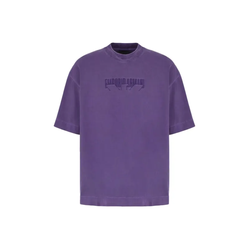 EMPORIO ARMANI Letter Logo Embroidery Crew Neck Loose Fit Short Sleeved T Shirt T Shirt Men's Purple-0