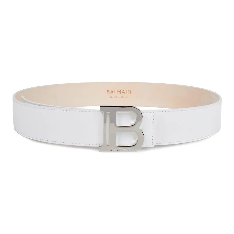 BALMAIN B Letter Metal Smooth Buckle Leather Belts Men's White-1