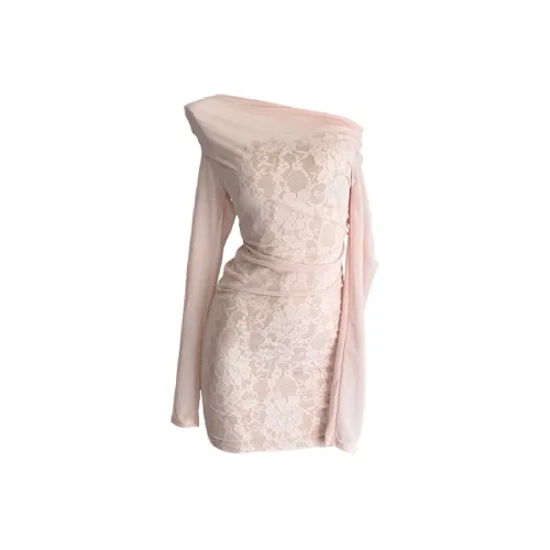 QIAOMONVHAI Long Sleeved Dress Women's Lace Pink