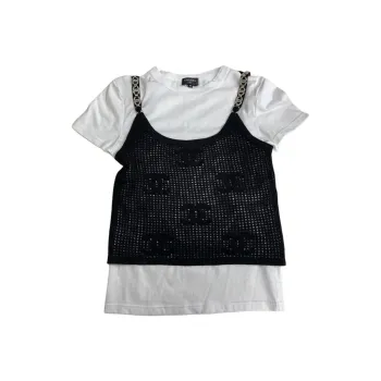 CHANEL Embroidery Letter Cut Out Camisole Short Sleeved Regular T Shirt Women's White