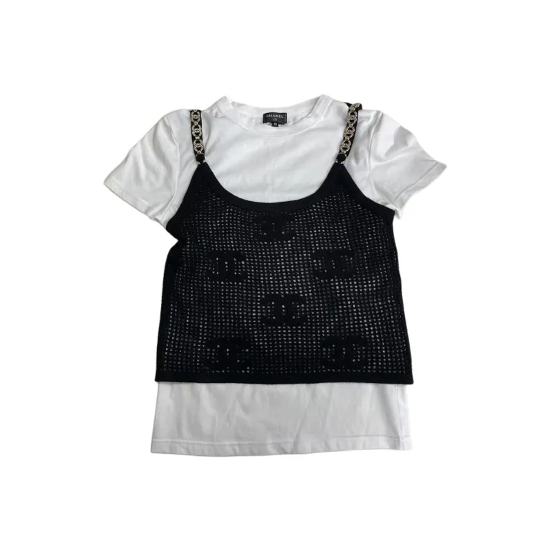 CHANEL Embroidery Letter Cut Out Camisole Short Sleeved Regular T Shirt Women's White-0