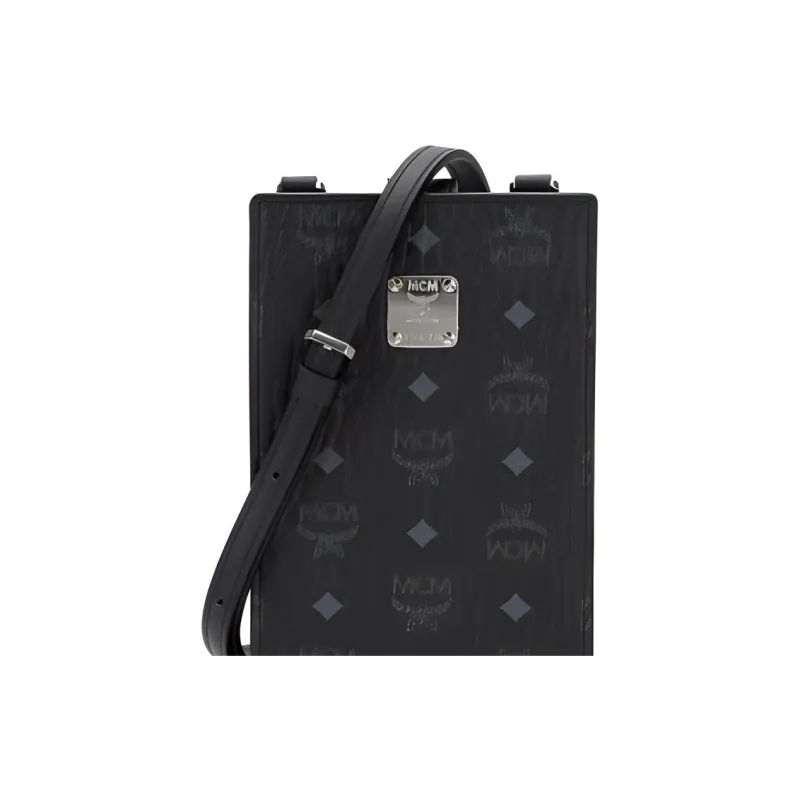MCM Original Visetos Leather One Shoulder Crossbody Card Holder Cell Phone Pouch Men's Black-4
