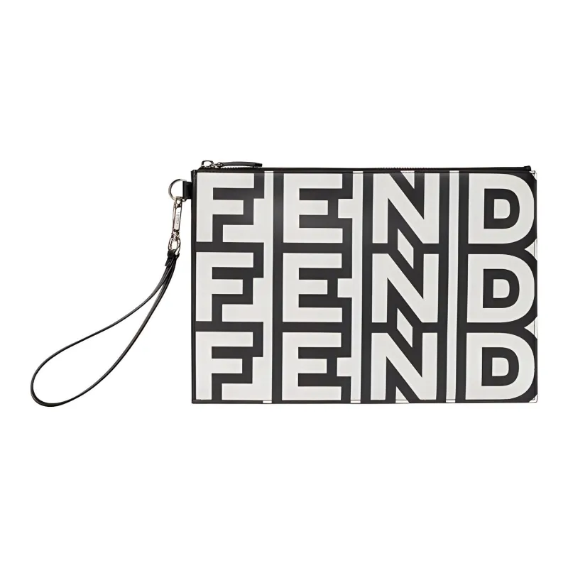 FENDI Calfskin Wrist Bags Clutches Men's Black/White-0