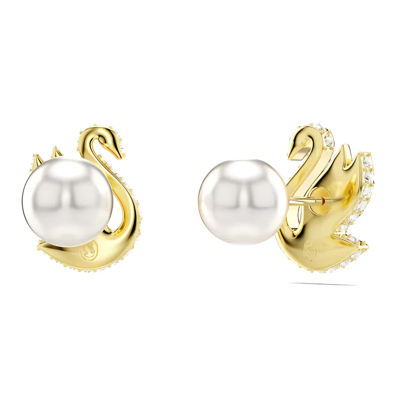 Swarovski Iconic Swan Faux Crystal Gold-Plated Faux Pearl Stud Earrings Women's Red-3