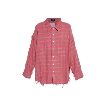 R13 Check Pattern Frayed Trim Distressed Shirt