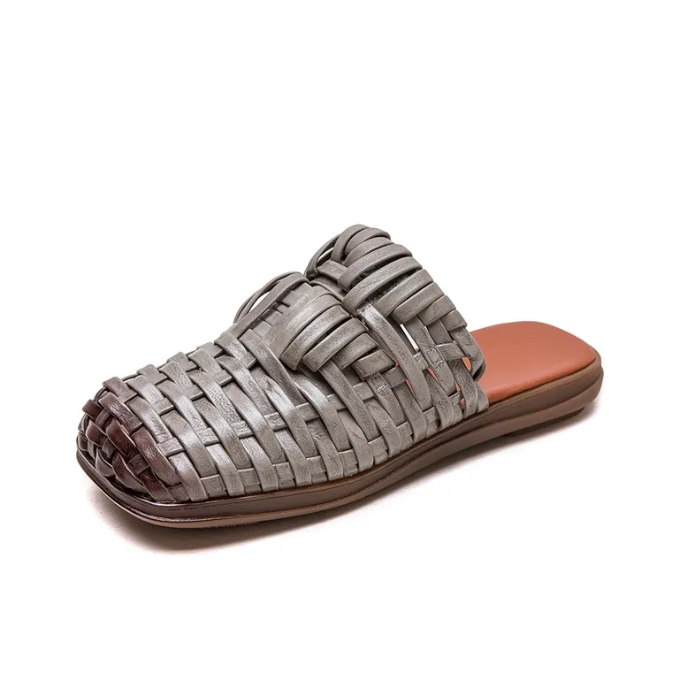 PLO CART Rubber Sole Stitching Leather Patchwork Cut Out Woven Wrap toe Slippers Women's-4