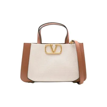 Valentino GARAVANI Canvas Tote Bag, Shopping Bag, Canvas Bag, Handbag Small Size Women's Beige/Saddle Brown