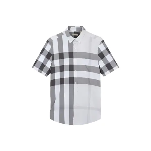 Burberry Men's Check Button Up Short Sleeve Shirt Gray
