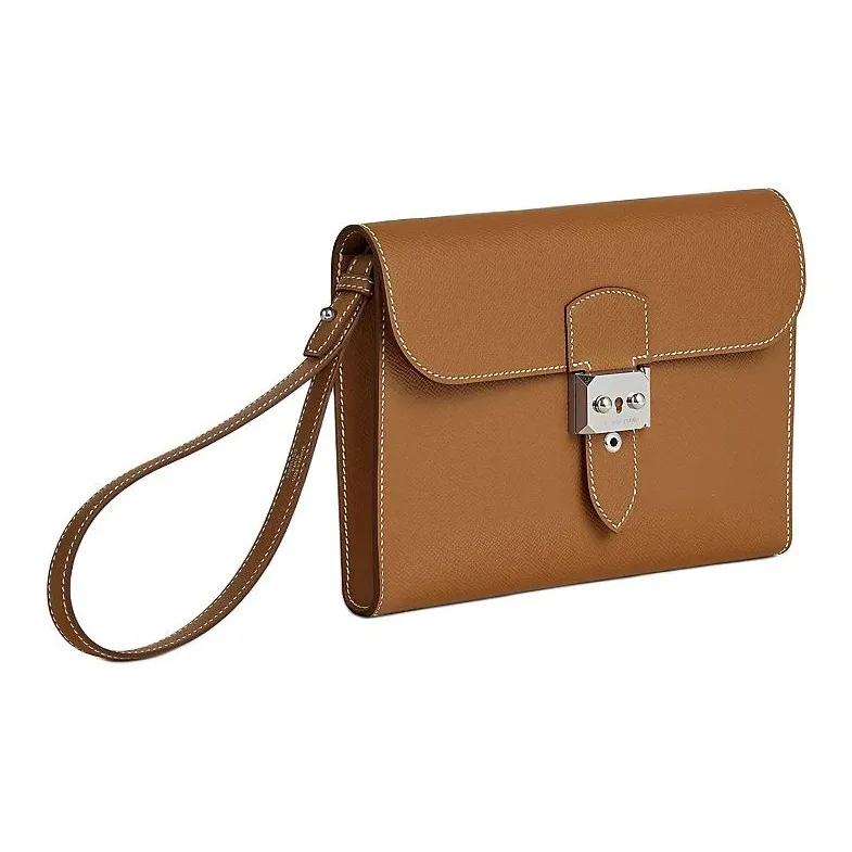 HERMES Sac A Depeches Epsom Calfskin Clutch Men's 37 Gold Brown-1