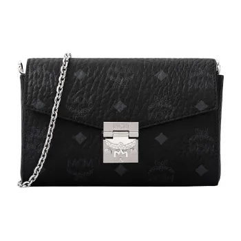 MCM Millie Visetos PVC With Skin Envelope Chain Crossbody Bag, Shoulder Bag Small Size Women's Black