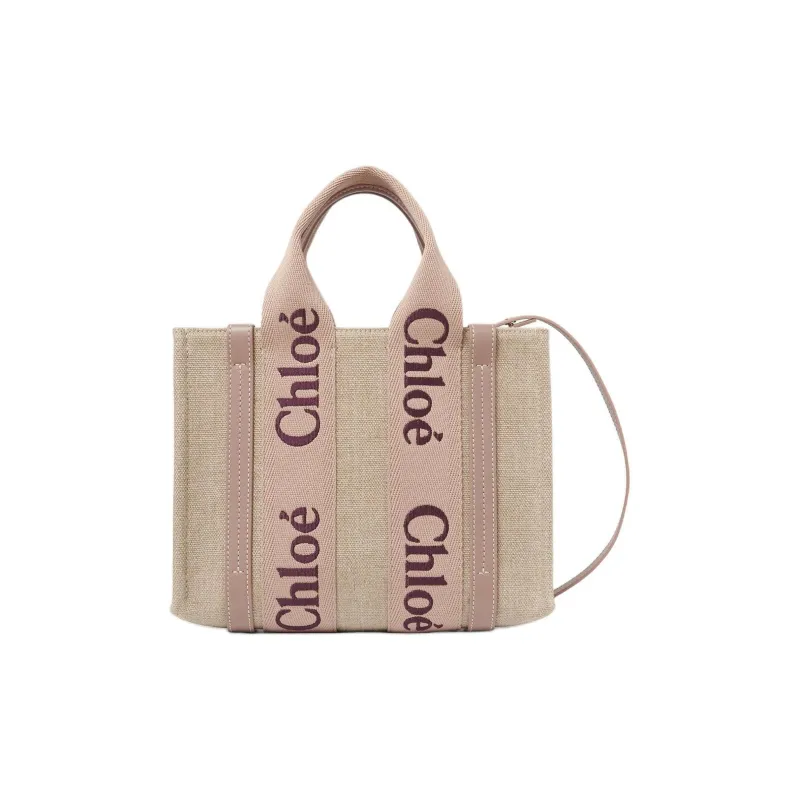 Chloe Woody Linen One Shoulder Handbag Small Size Women's Tan & Rose-1