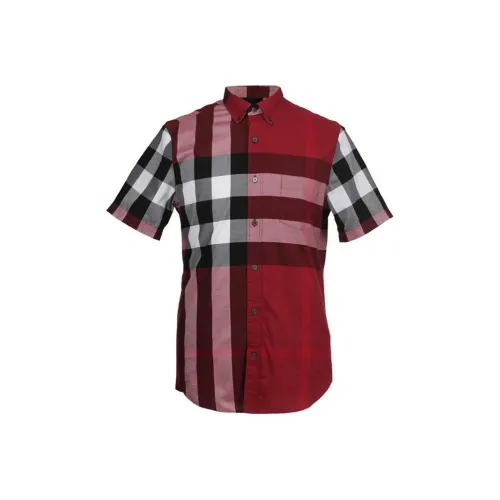 Burberry Men's Check Button Up Short Sleeve Shirt Red