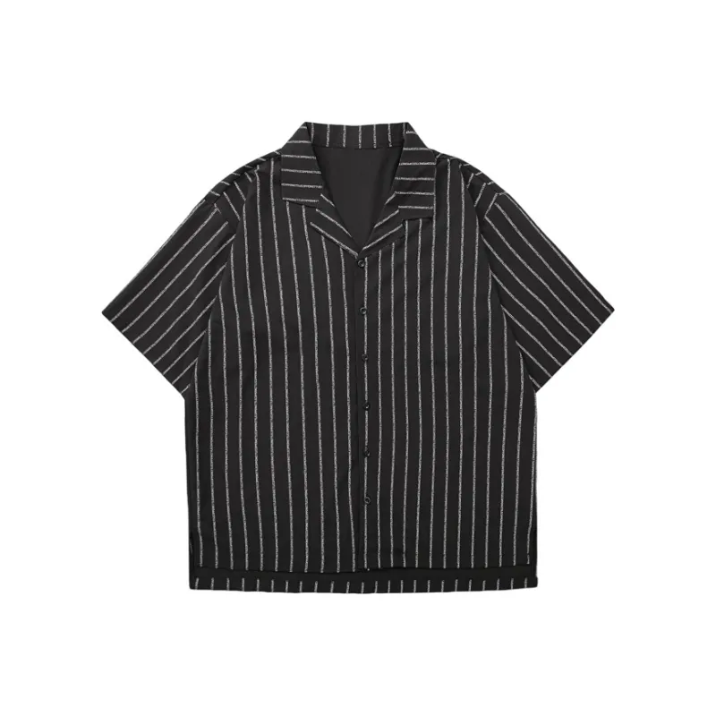 TESTUNG Cuban Collar Stripes Lightweight Draped Shirt Unisex-0