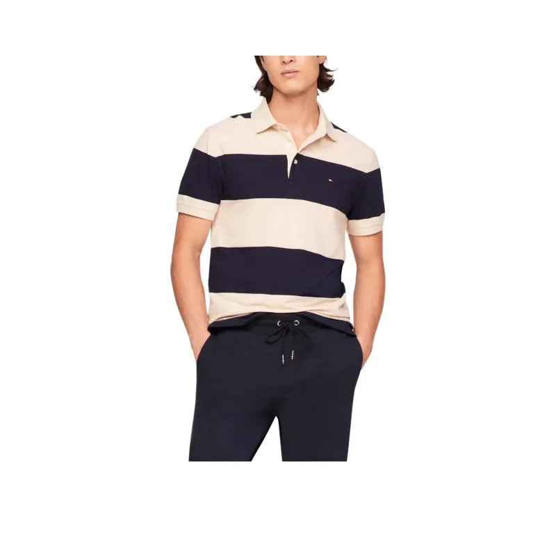 Tommy Hilfiger Polo Shirt Men's Khaki Navy Blue Stripes-0