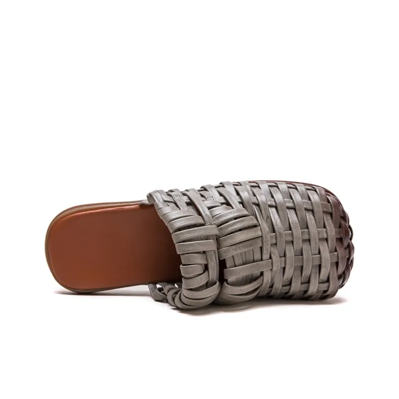 PLO CART Rubber Sole Stitching Leather Patchwork Cut Out Woven Wrap toe Slippers Women's-2