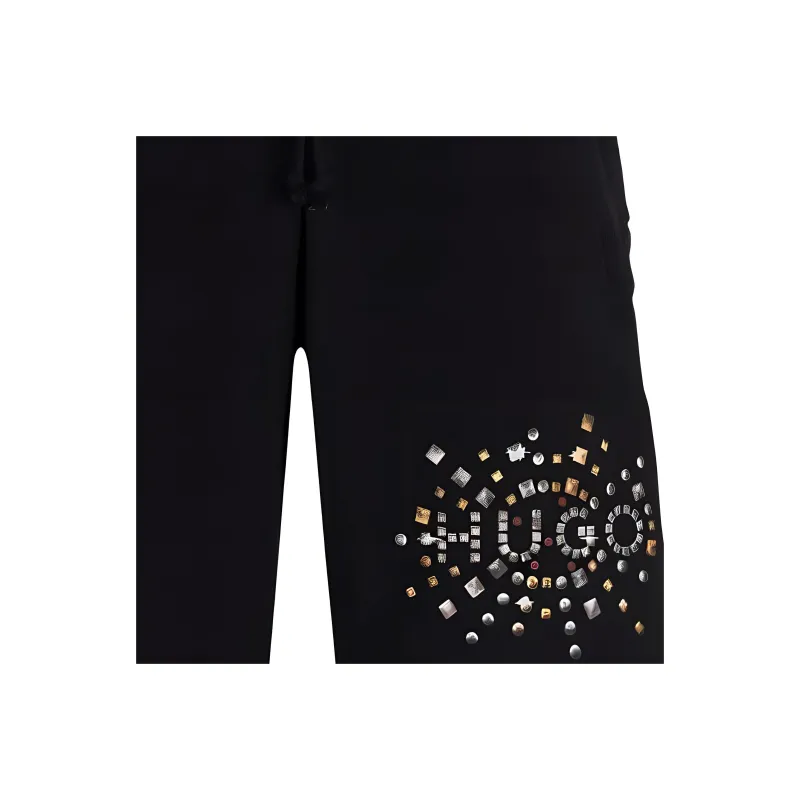 HUGO BOSS Cotton Terry Shorts With Stud Effect Artwork Casual Shorts Men's Black-5