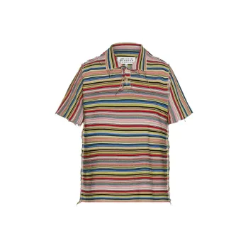 Maison Margiela Striped Raw Cut Hem Knitted Polo Shirt