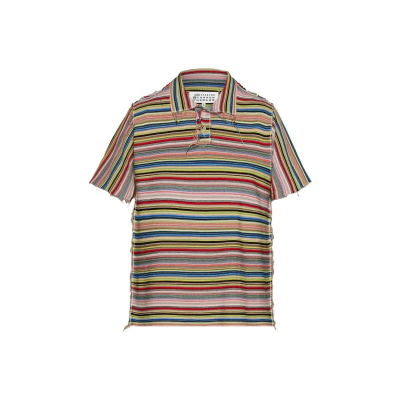 Maison Margiela Striped Raw Cut Hem Knitted Polo Shirt-0
