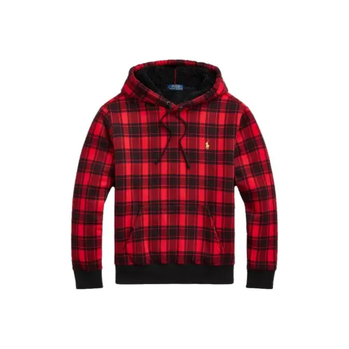 Polo Ralph Lauren Plaid Pile Fleece Hoodie Sweatshirt Men's Red