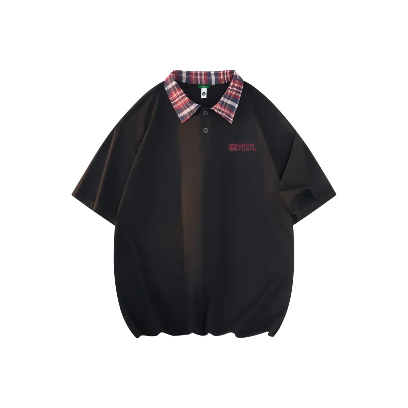 GROW DATE Polo Shirt Unisex Black/Red Plaid-6
