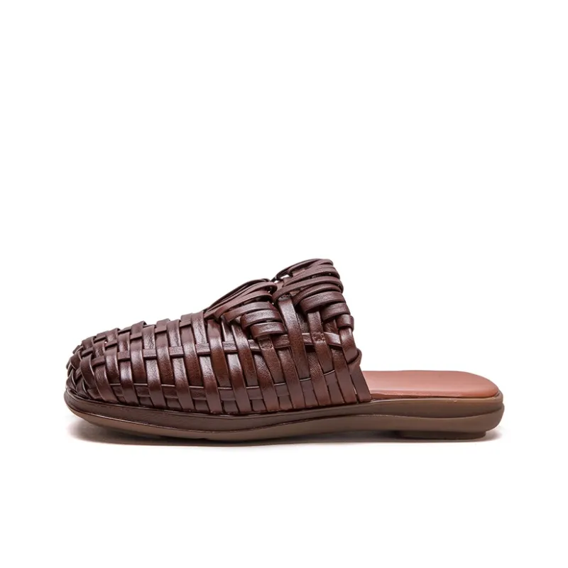 PLO CART Rubber Sole Stitching Leather Patchwork Cut Out Woven Wrap toe Slippers Women's-5