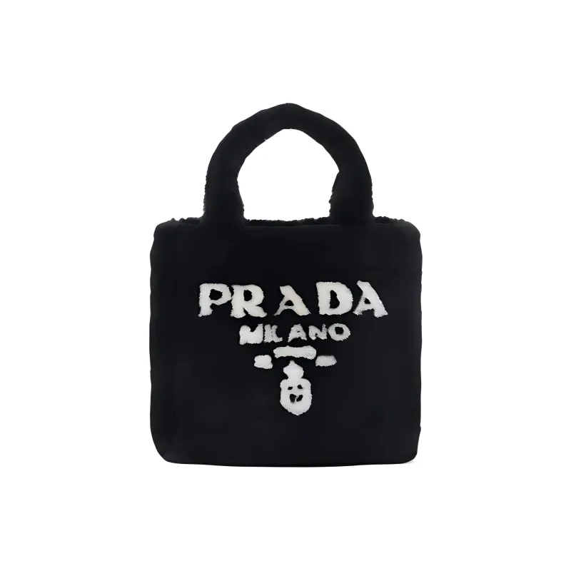 PRADA Shearling Plush Tote Bag, Shopping Bag, Shoulder Bag, Crossbody Bag, Handbag Women's Black/White-0