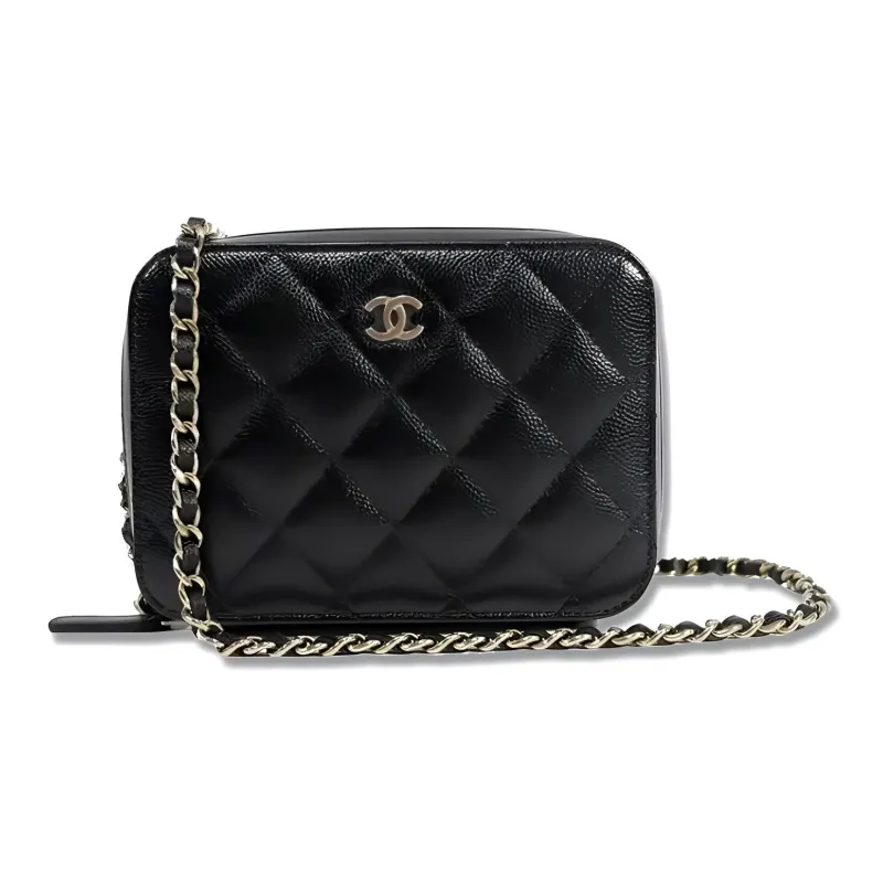 CHANEL Grain Embossed Caviar Cow Leather Camera Bag, Makeup Box, Shoulder Bag, Crossbody Bag Women's Black-0