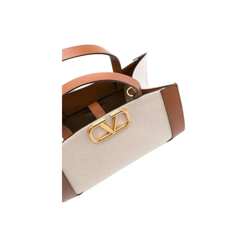 Valentino GARAVANI Canvas Tote Bag, Shopping Bag, Canvas Bag, Handbag Trumpets Women's Beige/Saddle Brown-2